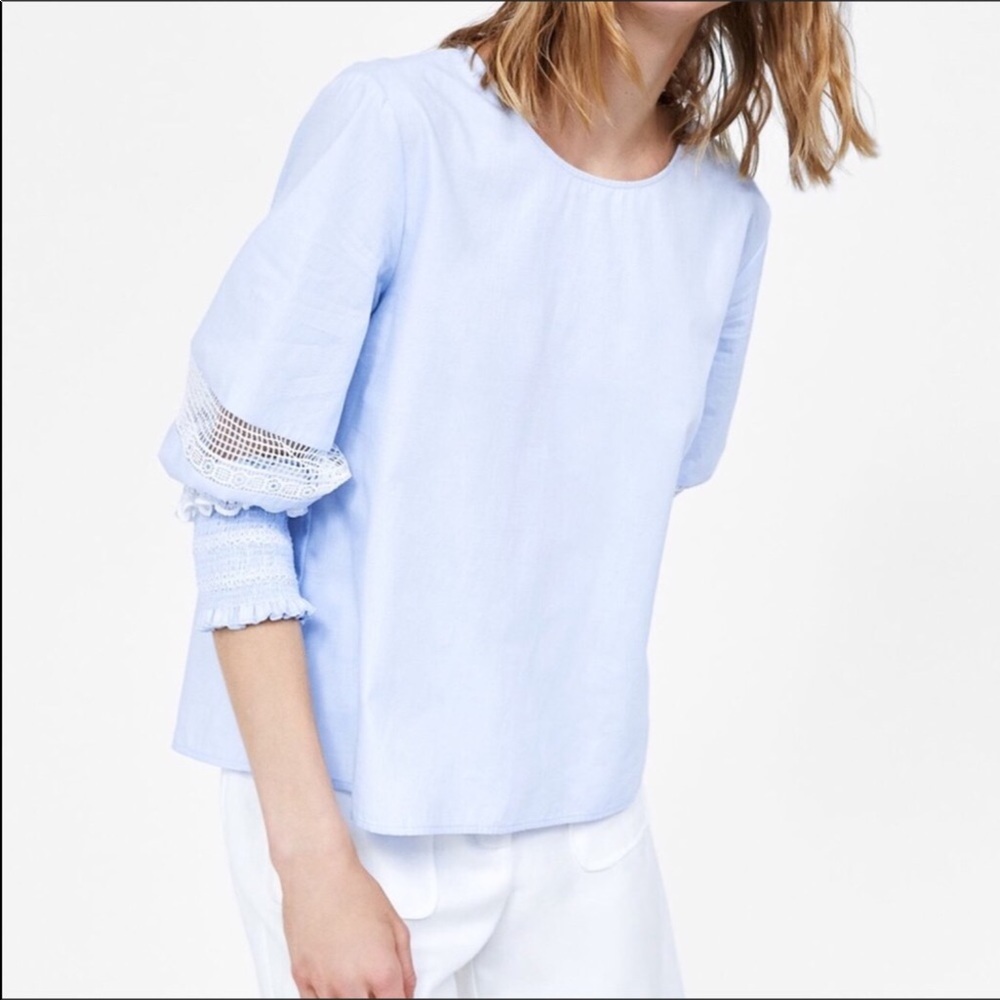 ZARA Womens Blouse Lace Top Puff Sleeves Blue Bow Size Large NWT